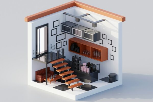 Isometric view of a modern loft apartment interior