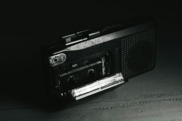 a black and white photo of an old radio