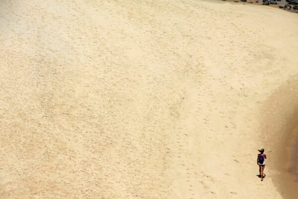 A lone person walks across a vast sand dune.