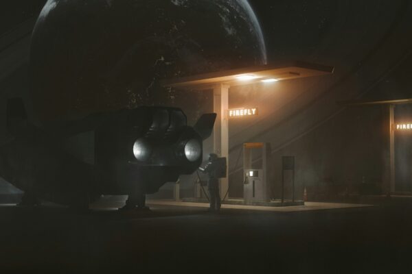 Astronaut at a dimly lit alien gas station