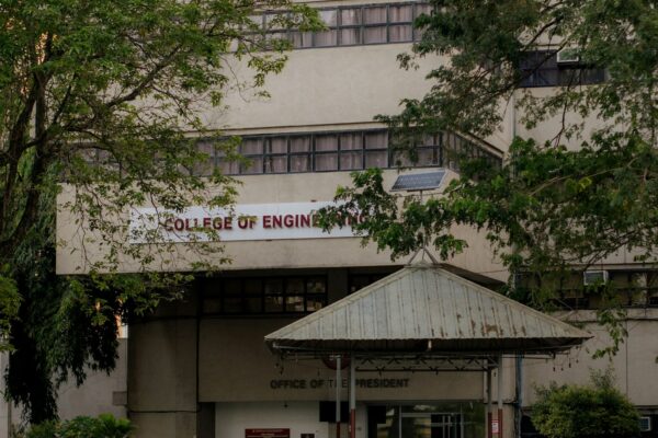 A college building is seen behind some trees.
