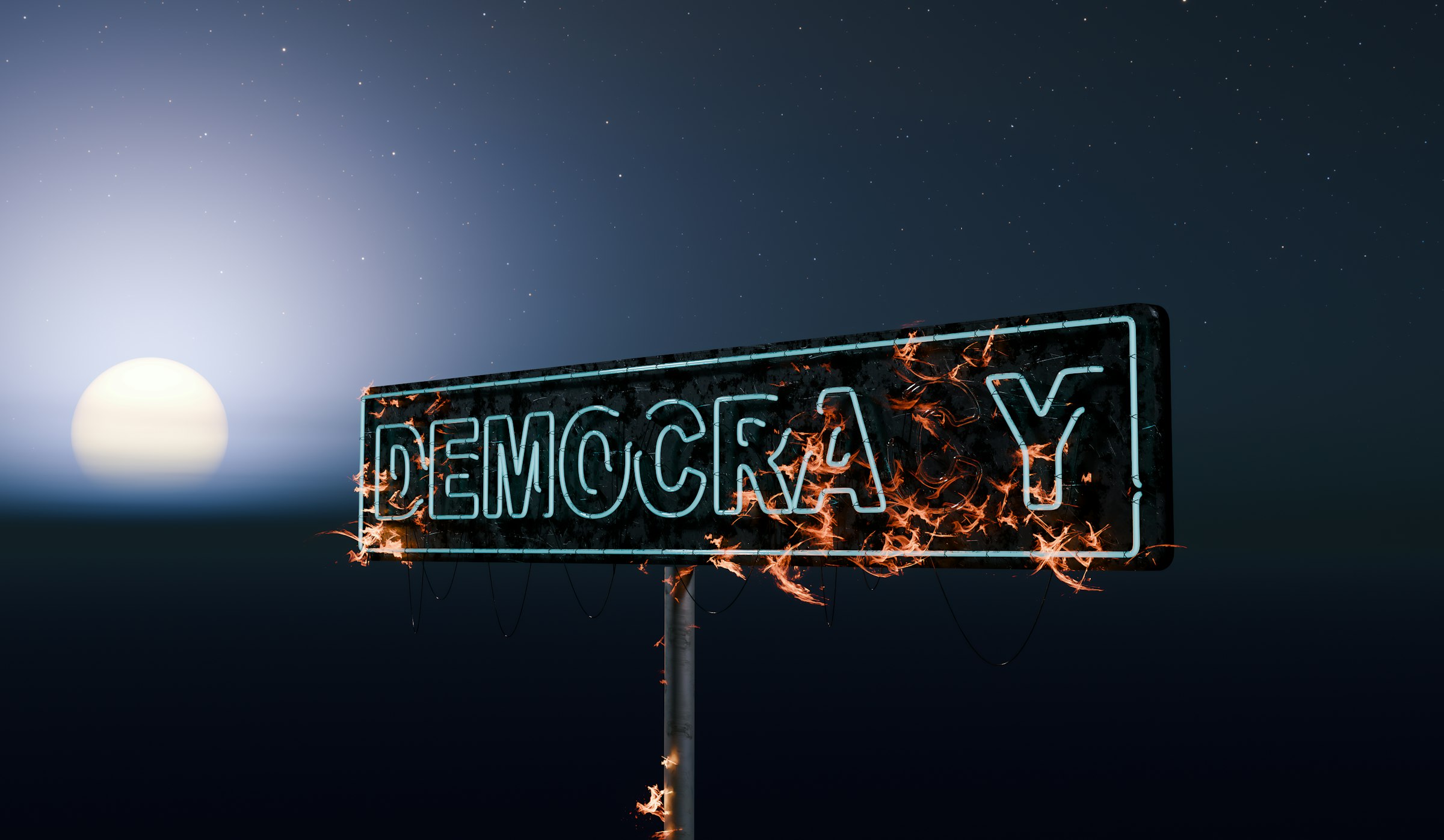 Street sign for democracy burning at night