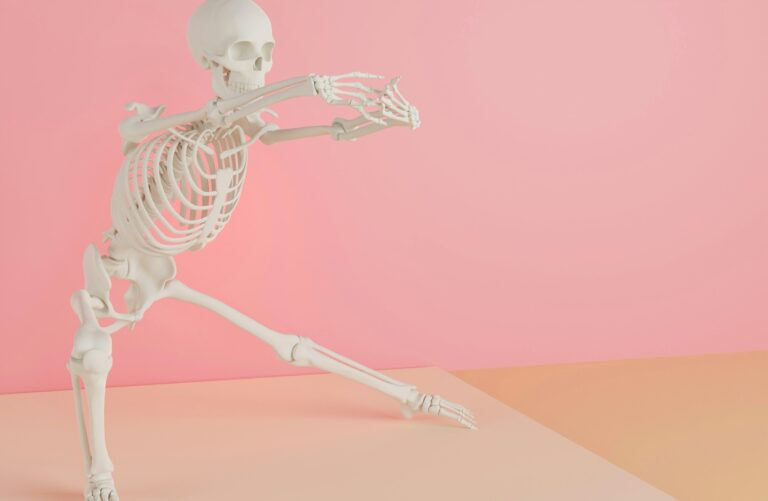 a skeleton is dancing on a pink background