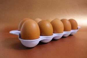 A row of brown eggs in a white tray