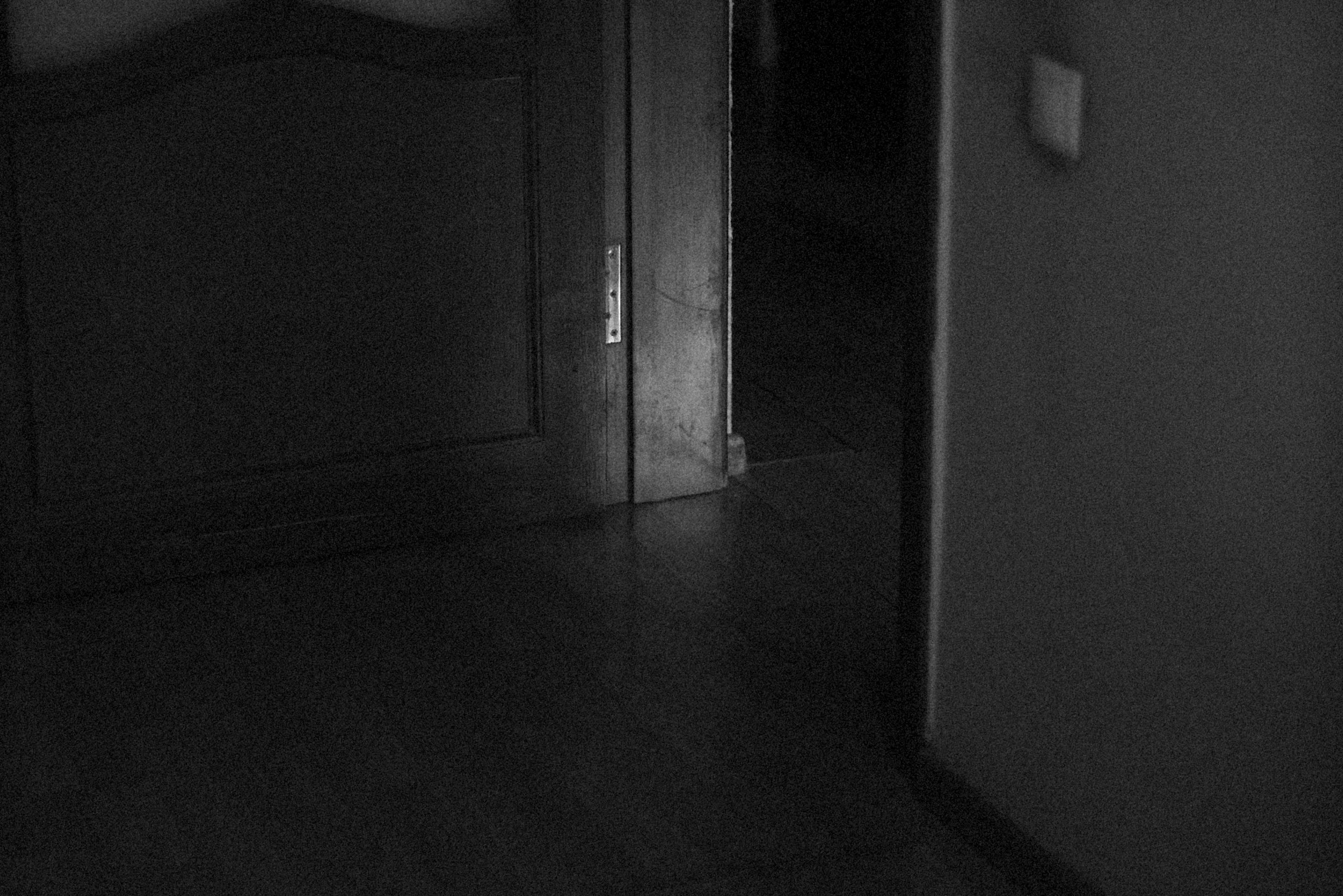 a black and white photo of a door in a dark room