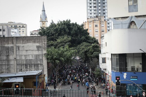 a crowd of people in a city