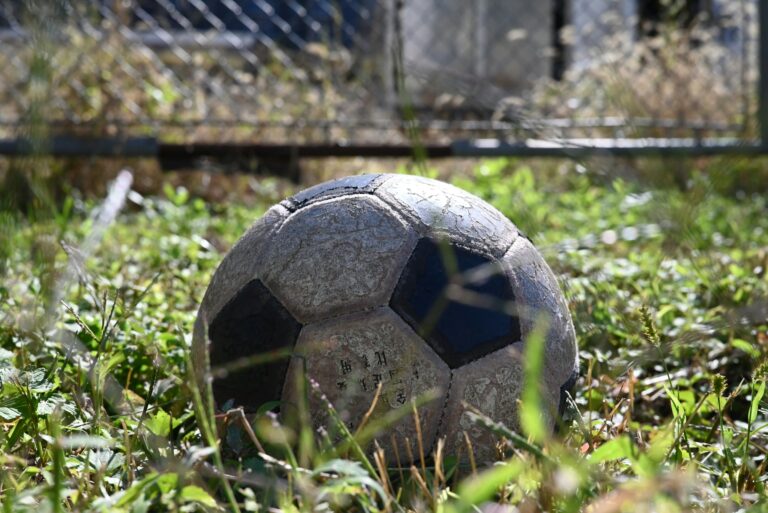 A worn soccer ball rests in overgrown grass.