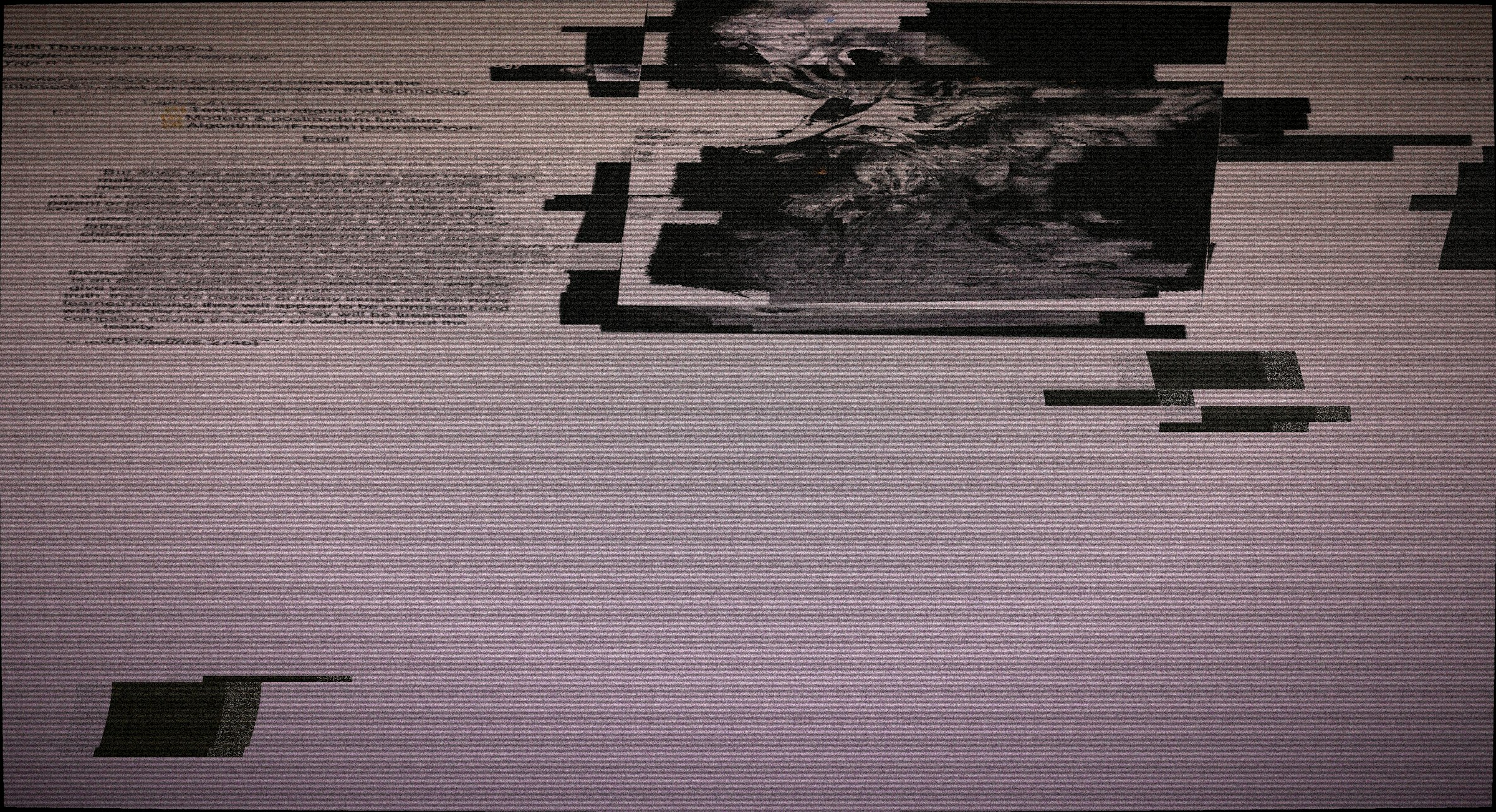 Glitchy digital screen with abstract patterns and text elements.