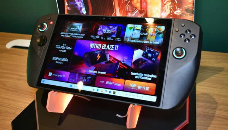 A handheld gaming console with a large screen.