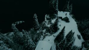 an aerial view of a house surrounded by trees