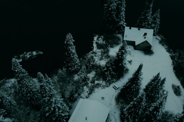 an aerial view of a house surrounded by trees