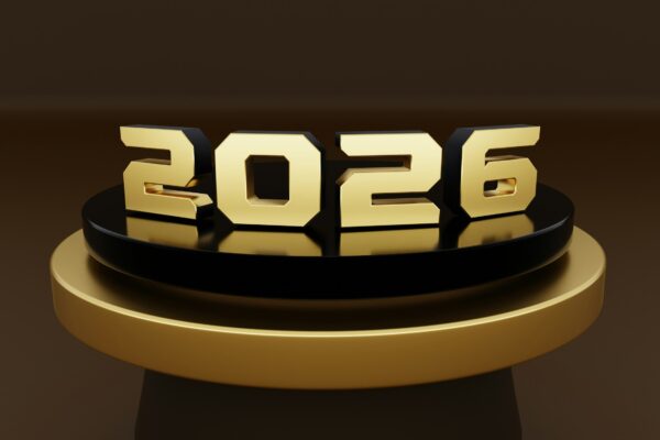 Golden 2026 numbers displayed on a pedestal