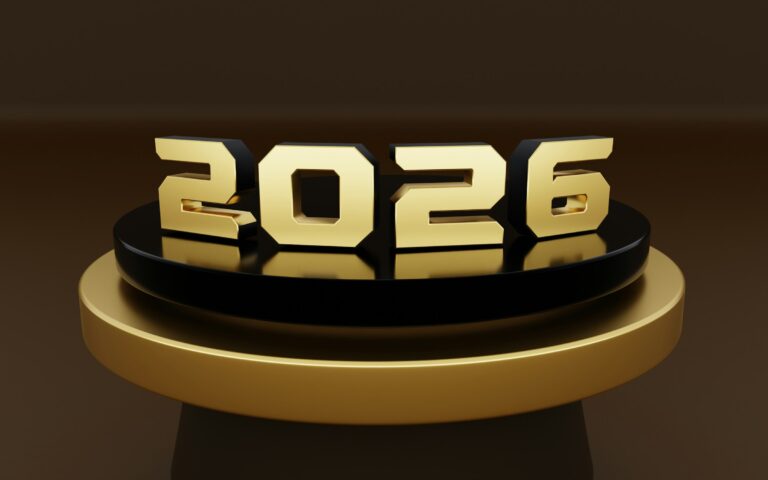 Golden 2026 numbers displayed on a pedestal