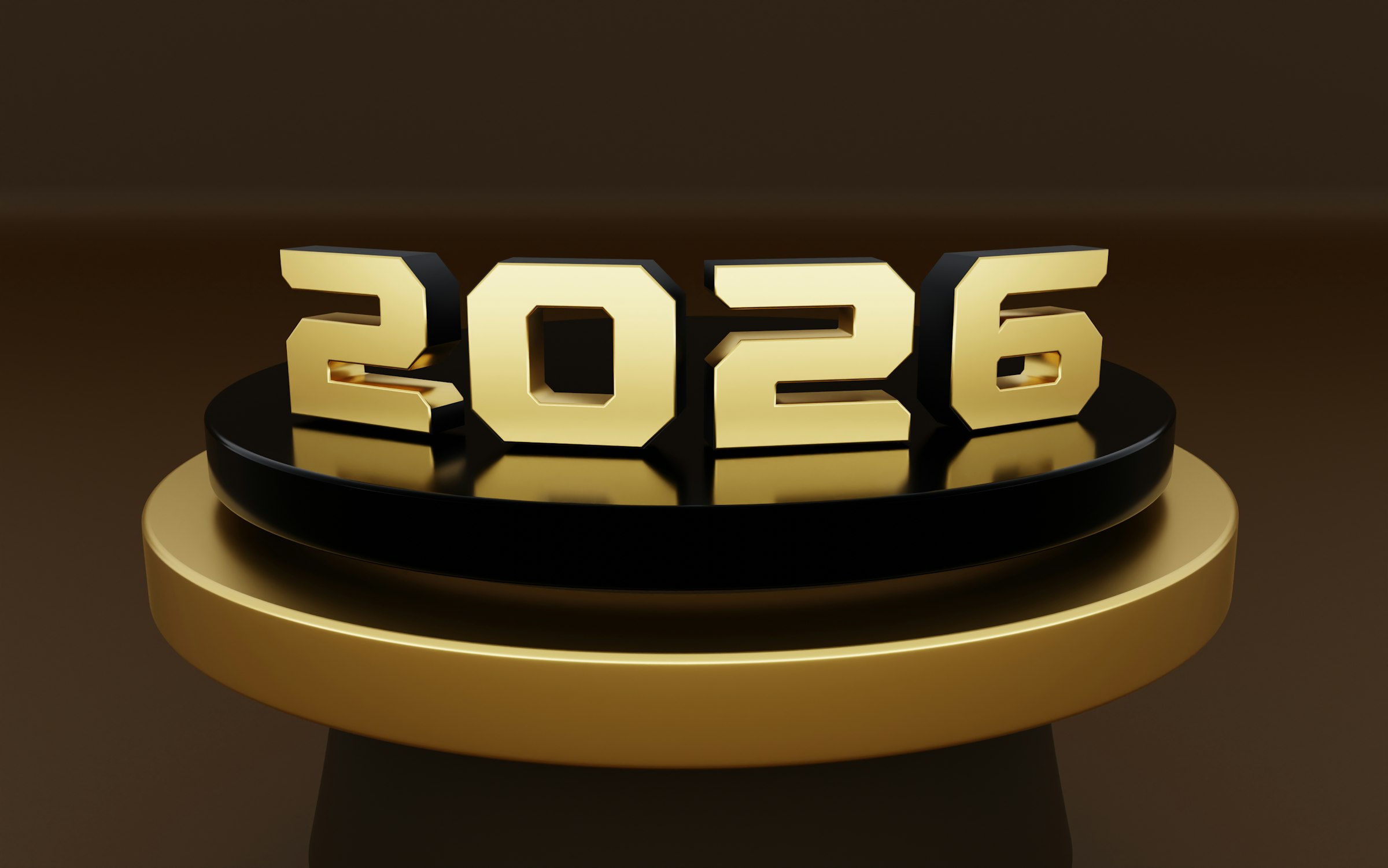 Golden 2026 numbers displayed on a pedestal