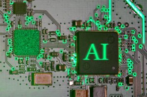Glowing ai chip on a circuit board.