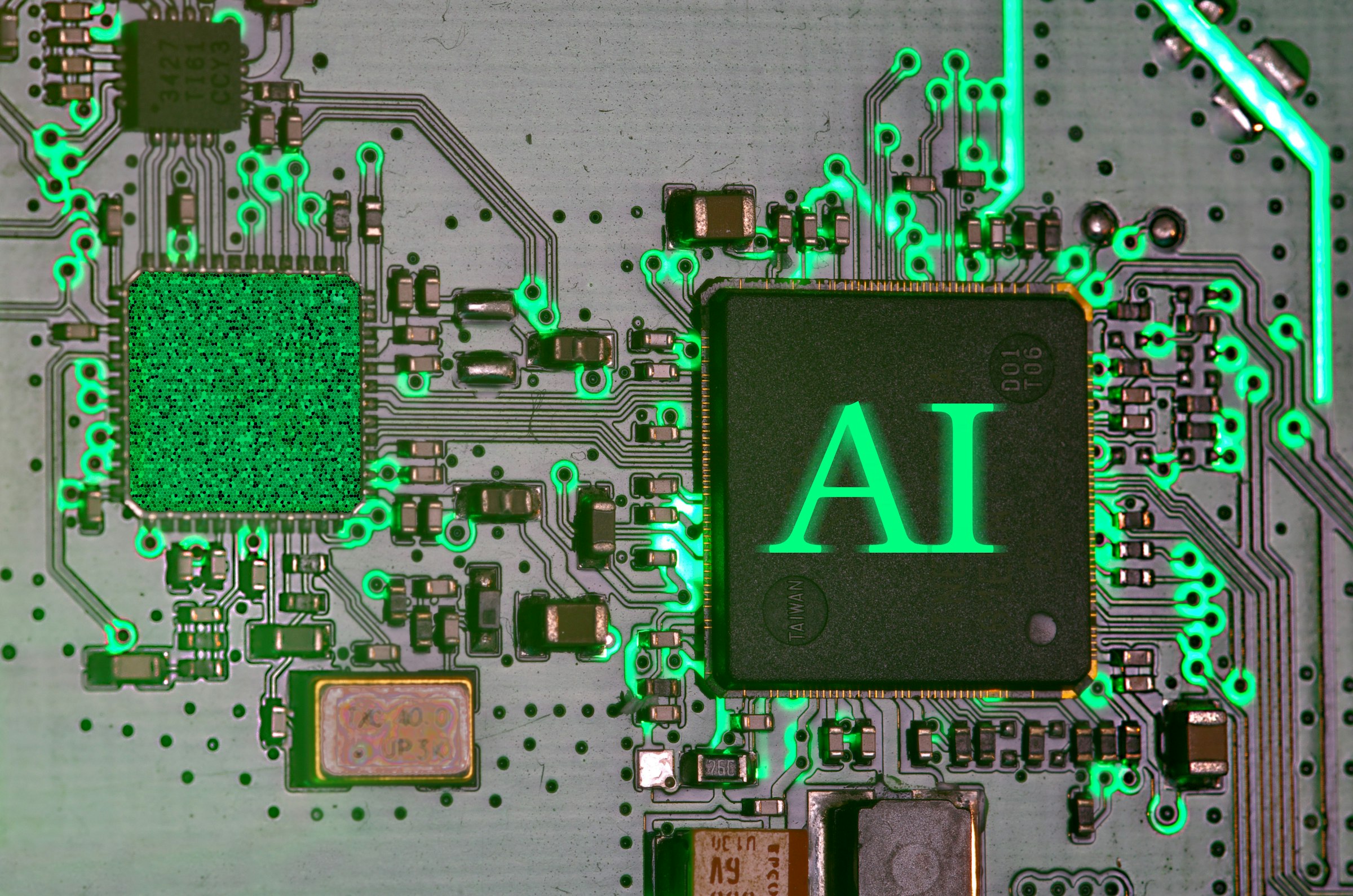 Glowing ai chip on a circuit board.