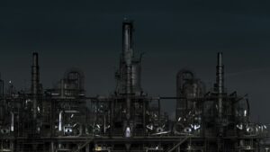 grayscale photography of factory at night