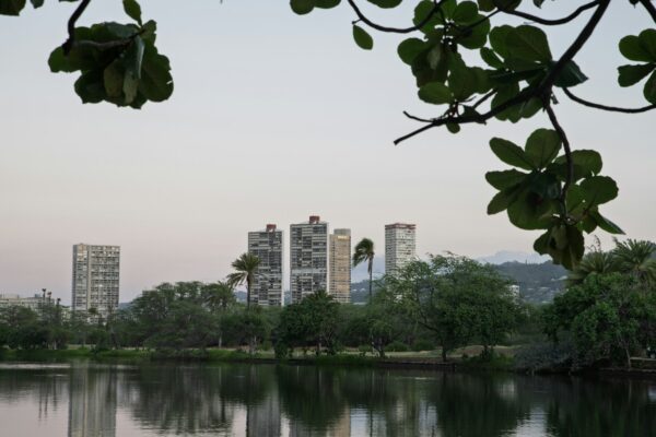 Tall buildings reflected in a calm lake with trees.