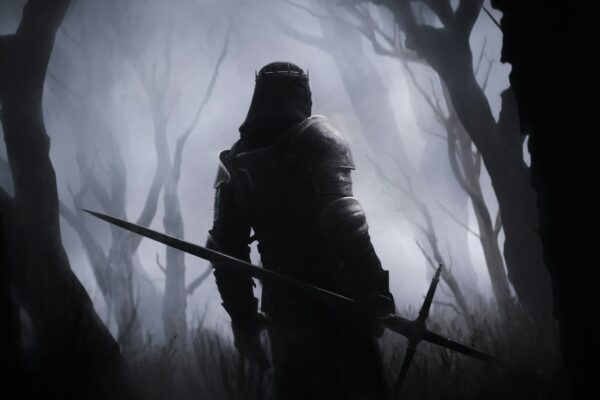 a man in a hooded suit holding a sword in a dark forest