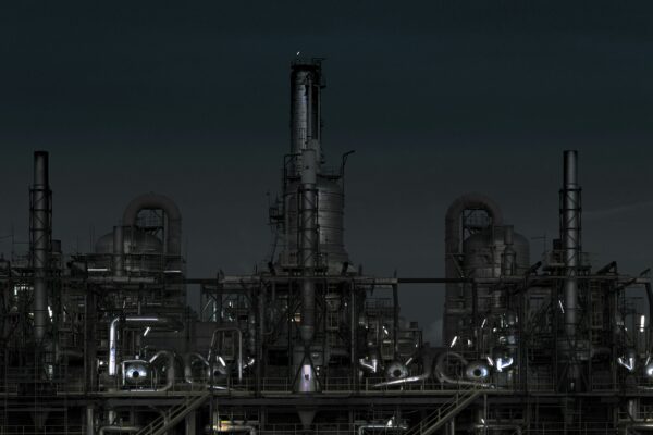 grayscale photography of factory at night