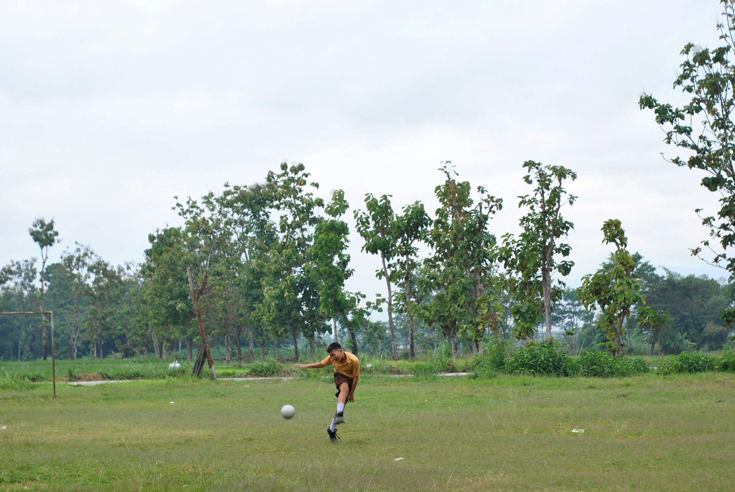 boy in brown shirt playing soccer on green grass field during daytime