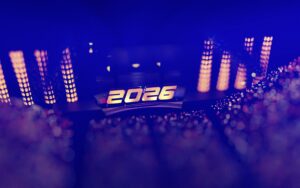 Stage with 2026 illuminated in bright lights