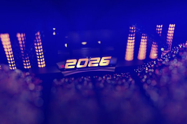Stage with 2026 illuminated in bright lights