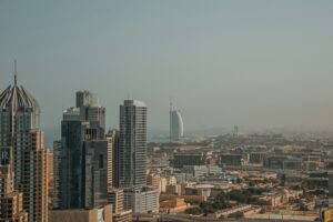 A view of a city with tall buildings
